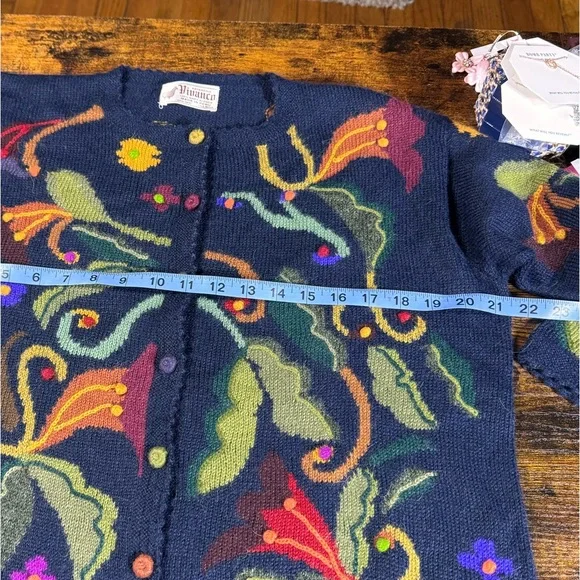 Vintage Peruvian 100% Alpaca Sz L/XL Blue Floral Buttons Scalloped Edge Cardigan